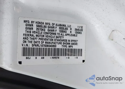 2003 Honda Odyssey Ex-L z USA, uszkodzony, nr VIN 5FNRL18793B040850